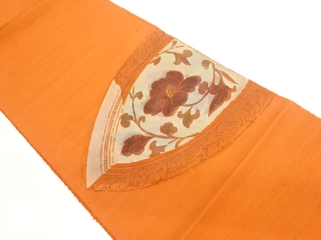 手織り紬花唐草に抽象模様織出し名古屋帯